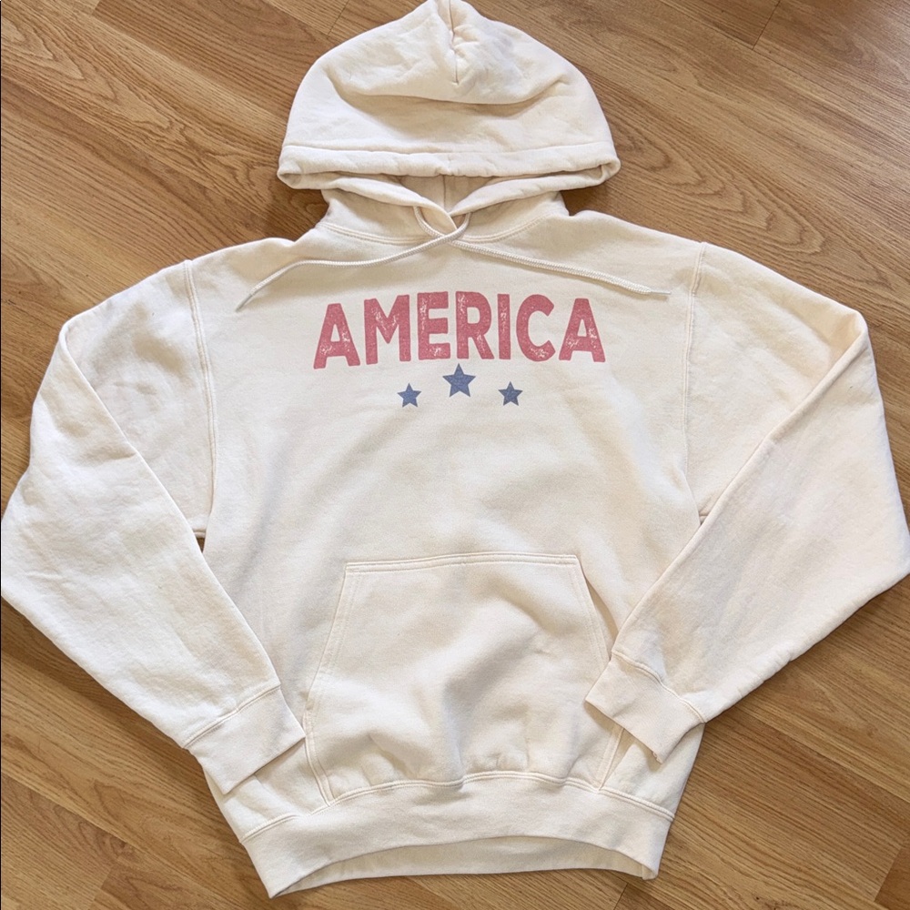 Free Bird Cream Hoodie with Red and Blue Print America Size Small Seal Beach